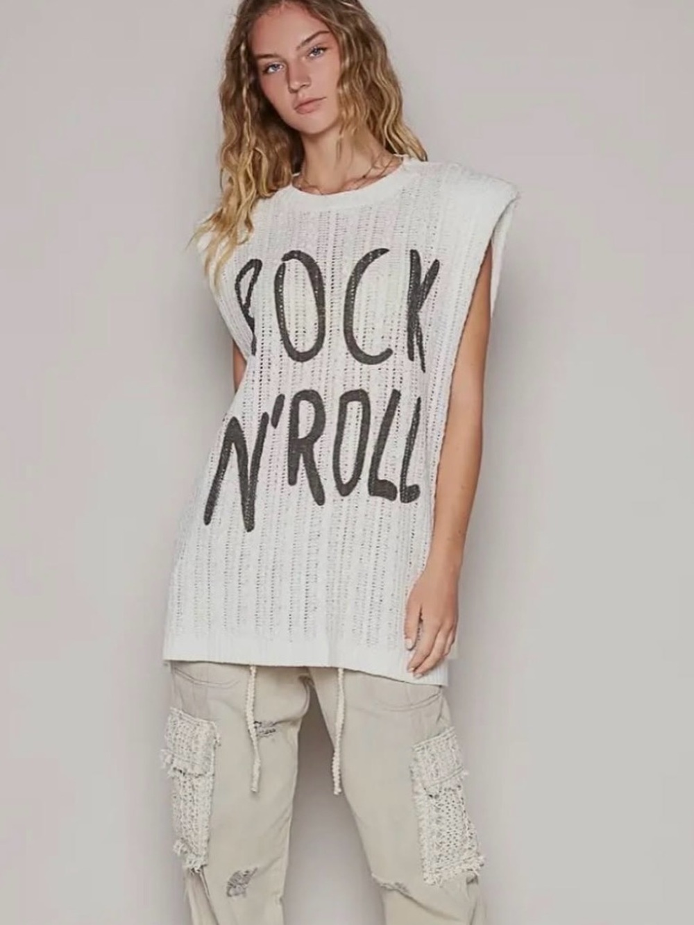 POL Sleeveless Rock ‘N’ Roll Knit Cream Top Coverup Oversized Large